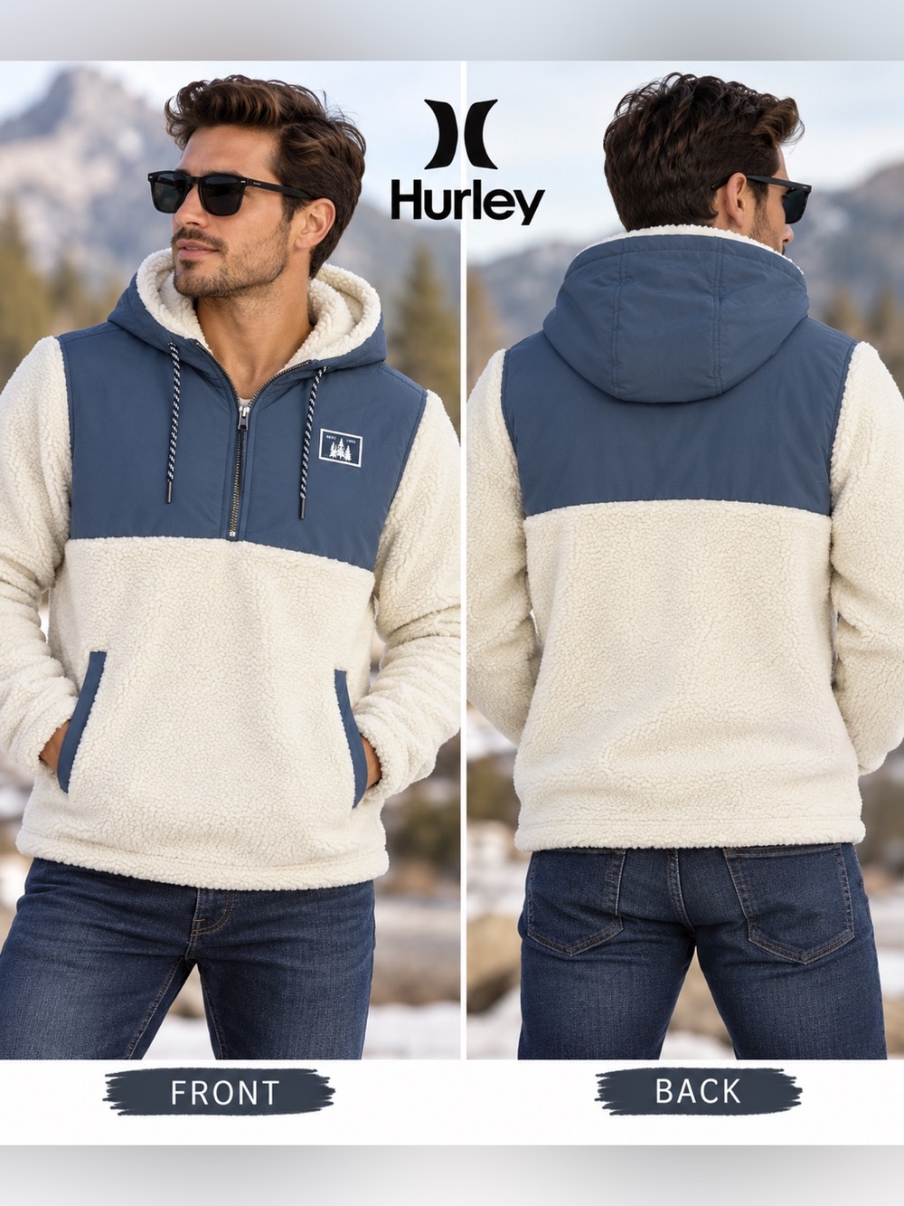 Hurley Men’s Medium Sherpa Fleece Hooded Pullover Blue Cream 1/2 Zip